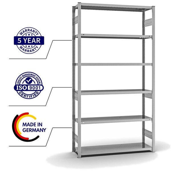 PROREGAL Fachbodenregal Stecksystem T-Profil Heavy-Duty Grundregal HxBxT 250 x 130 x 40 cm 6 Ebenen Fachlast 315 kg Beidseitig Nutzbar Verzinkt