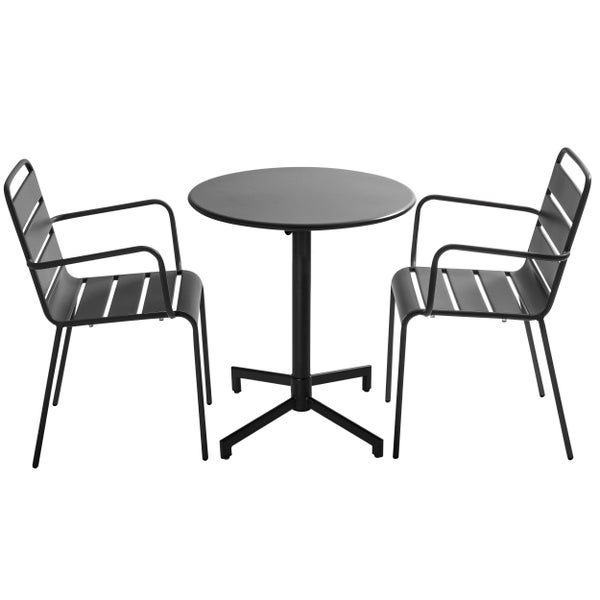 Bistro-Set bestehend aus einem runden Tisch und zwei Stühlen mit Armlehnen, aus Metall, anthrazit.