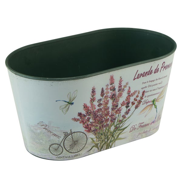 Ovaler Pflanztopf aus Metall mit Lavendel-Dekor im Vintage-Stil.