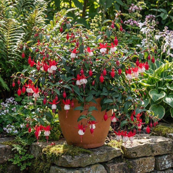 Blühende Fuchsia in einem Terrakotta-Topf auf einer Steinmauer im Garten mit rot-weißen Blüten.