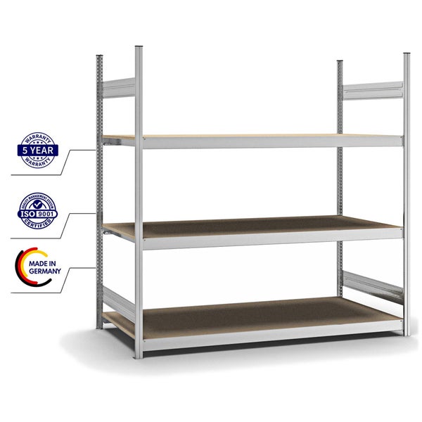PROREGAL Weitspannregal Stecksystem T-Profil Grundregal HxBxT 200x200x80 cm 3 Ebenen Spanplatten Fachboden Fachlast 350 kg Verzinkt