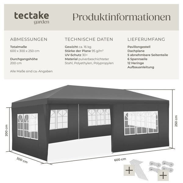 Tectake Garden Pavillon mit Produktinformationen zu Maßen, Material aus Stahl und Kunststoff sowie Lieferumfang inklusive Heringen und Seilen.