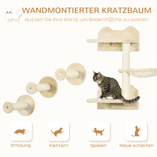 PawHut Katzen Kletterwand, 4-teilig, Katzenkletterwand, inkl. 1 x Sprungturm, 3 x Kratzbäume, Kletterwand Set, Kratzbaum mit Hängematte, Wandliege Katzen, Katzentreppe, Sisal, Beige+Cremeweiß