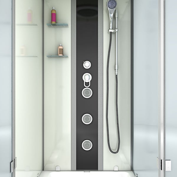 Moderne Duschsäule mit integrierten Massagedüsen, Handbrause und Glasablagen in einer hellen Duschkabine.