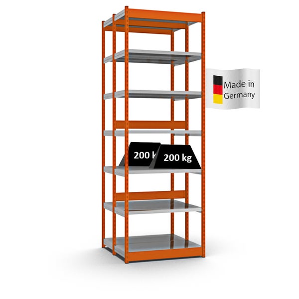 PROREGAL Fachbodenregal Stecksystem Vierkant-Profil Grundregal HxBxT 300 x 102,5 x 40 cm 2x7 Ebenen Doppelseitige Bauart Fachlast 200 kg Orange