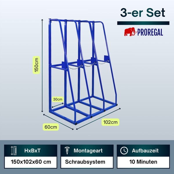 ProRegal Logo, 3er Set Plattenständer, Schraubsystem, Höhe 150 Zentimeter, Breite 102 Zentimeter, Tiefe 60 Zentimeter, Aufbauzeit 10 Minuten.