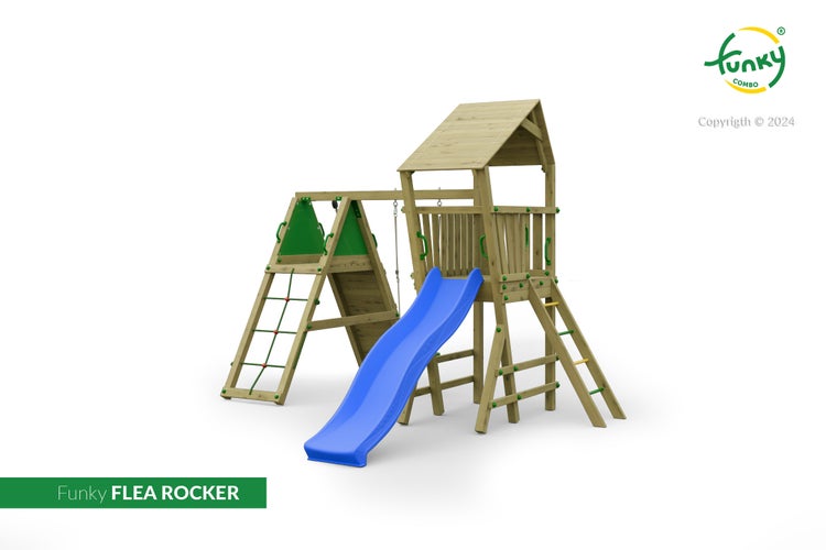 Spielturm Funky Flea Rocker aus Holz mit Rutsche, Leiter, Kletterwand und Dach.