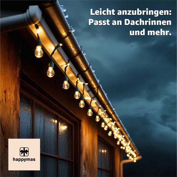 Lichterkette an Dachrinne bei Regen, einfache Installation, Happymas Logo