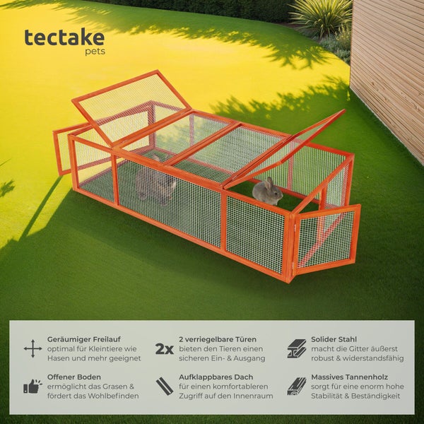 Tectake Pets Kleintiergehege aus Tannenholz mit aufklappbarem Dach und zwei Türen für Kaninchen auf einer Wiese.