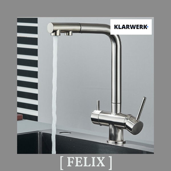 Felix | 3 Wege Premium Edelstahl gebürstet ausziehbare Armatur | Silber Chrom Osmose Wasserhahn Küche |Mischbatterie - 360 Grad | Filter 3 Anschlüsse