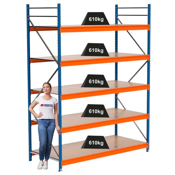 Lagerregal mit fünf Ebenen und einer Traglast von 610 Kilogramm pro Ebene