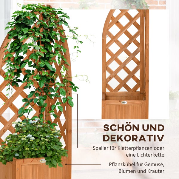 Holzpflanzkasten mit Rankgitter und Hinweisschild zur Bodenbeschaffenheit