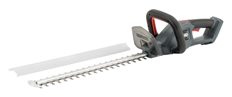 Akku-Heckenschere von AL-KO mit ergonomischem Griff, transparentem Handschutz und Messerschutzhülle.
