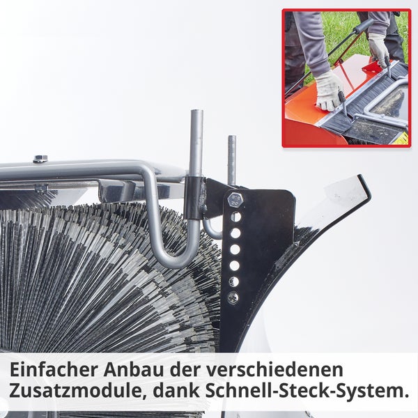Bürstenwalze mit Schnellwechselsystem für einfache Anbringung verschiedener Zusatzmodule.