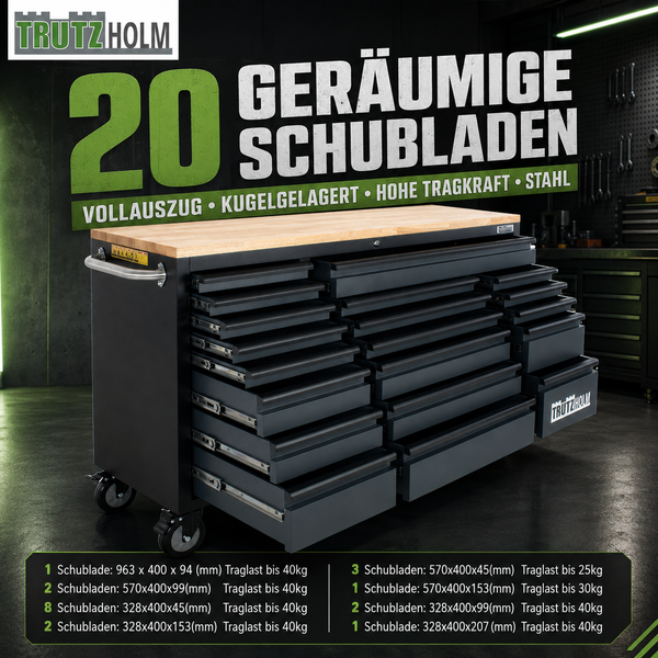 Trutzholm Werkstattwagen mit 20 kugelgelagerten Schubladen mit Vollauszug und einer Arbeitsplatte aus Holz. Trutzholm Logo.