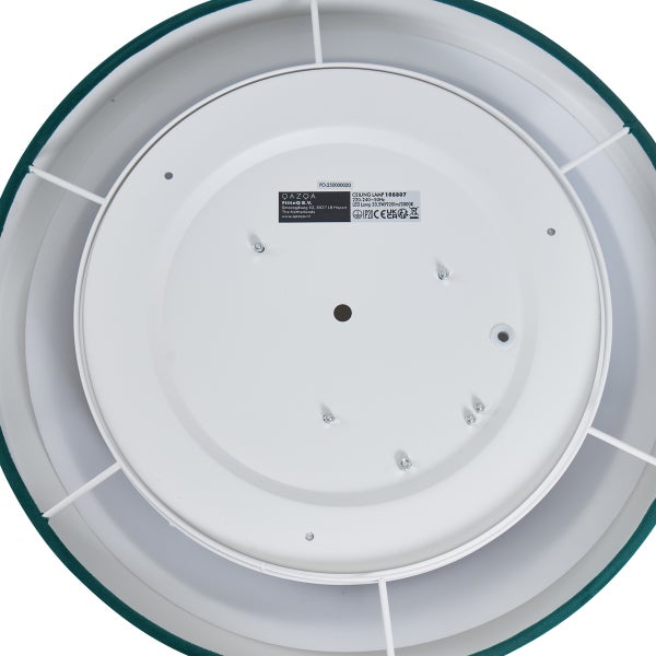 Rückansicht einer runden Deckenleuchte mit weißer Metallmontageplatte, grünem Stoffrand und technischem Typenschild.