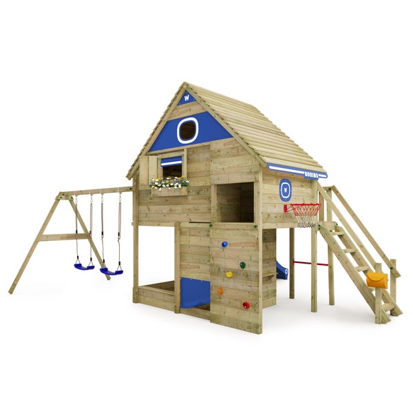 WICKEY Stelzenhaus Smart FamilyHouse mit Schaukel und Rutsche,integriertem Sandkasten und großem Spielhaus mit Geheimgang, massiver Treppe Handlauf, Fenstern, Rollos und Fensterläden -  blau
