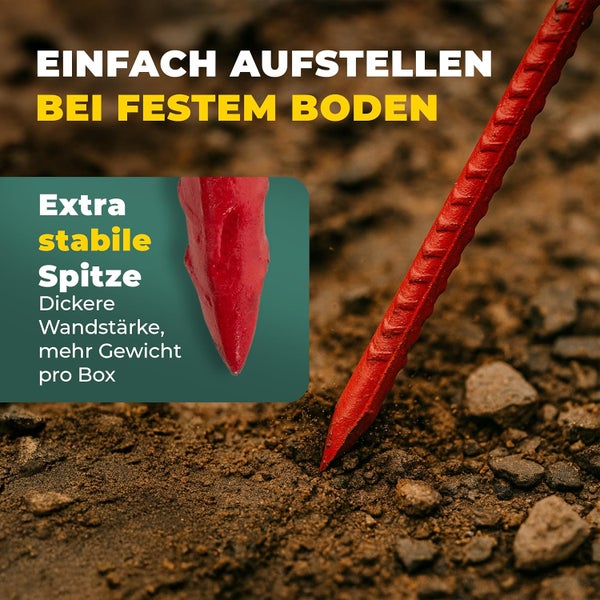Gerippter Metallhering mit extra stabiler Spitze dringt in festen Boden ein.