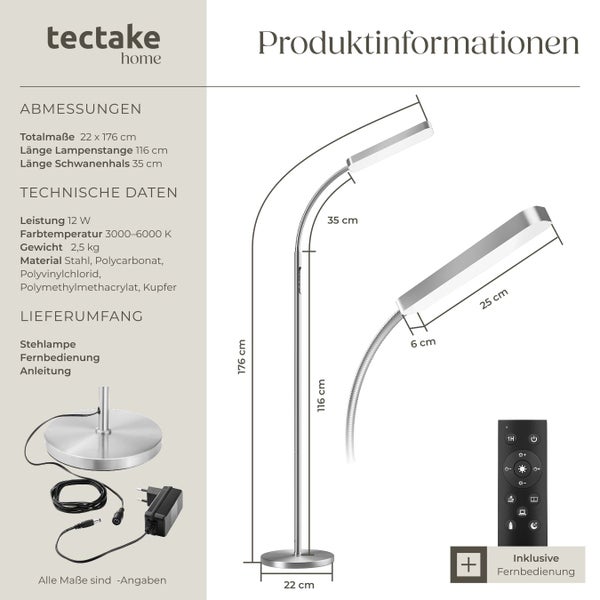 Produktinformationen zu einer Stehlampe mit Fernbedienung und technischen Daten.