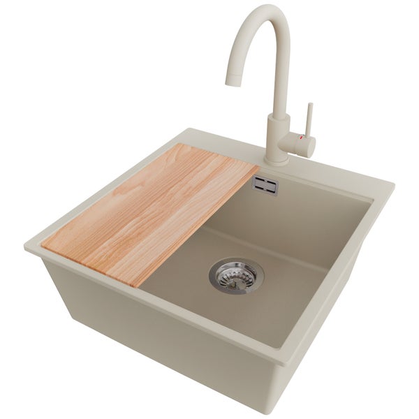 Spülbecken aus Quarzkomposit mit Holzzuschnittbrett und Armatur