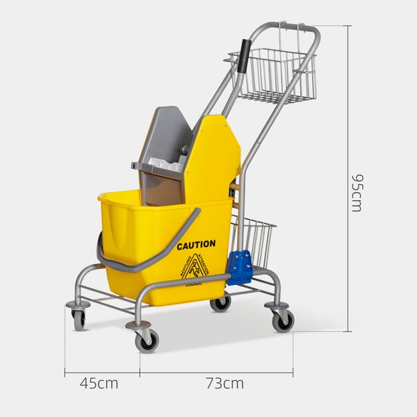 Professioneller Reinigungswagen mit Wischeimer und Presse, 95 cm hoch, mit Warnschild und Aufbewahrungskorb