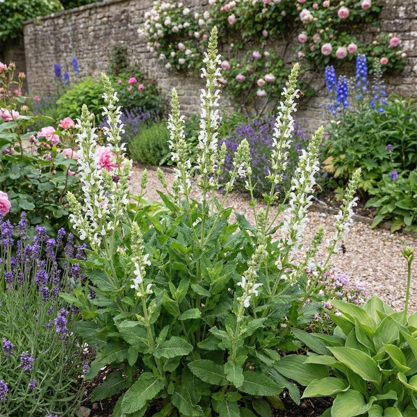 Weißer Steppensalbei mit hohen Blütenrispen in einem blühenden Garten mit Lavendel und Rosen vor einer Steinmauer.