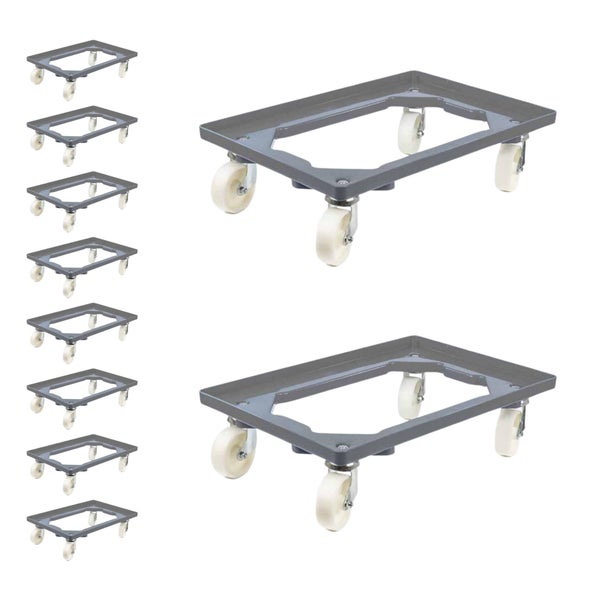 PROREGAL SparSet 10x Transportroller für Euroboxen 60 x 40 cm mit Kunststoffräder Grau Offenes Deck 4 Lenkrollen Traglast 300 kg