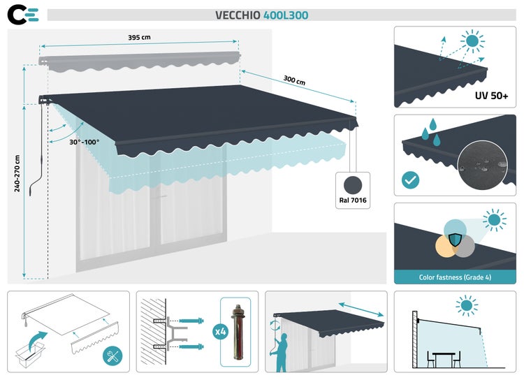 Einteilige Markise Grau VECCHIO 4m x 3m - Premium-Canvas 320 g/m²