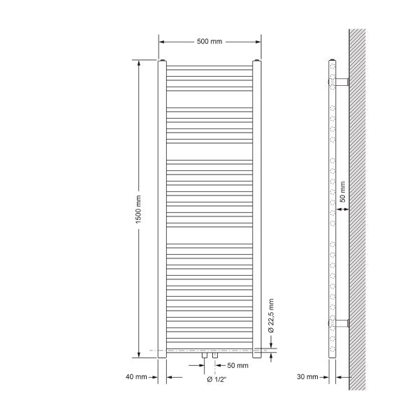 ECD Germany Badheizkörper - 500 x 1500 mm - Weiß - gerade mit Mittleanschluss - Heizkörper Handtuchwärmer Handtuchtrockner