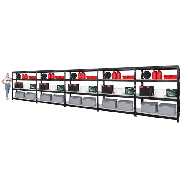 PROREGAL Mega Deal 5x Profi Schwerlastregal Rhino HxBxT 180 x 160 x 60 cm 4 Melamin-Ebenen 16mm Fachlast 500 kg Schwarz