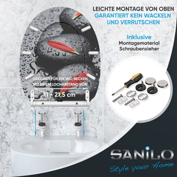 Sanilo Toilettensitz mit Steine-Motiv, Montage von oben, für Lochabstand 11 bis 21,5 Zentimeter, inklusive Werkzeug und Befestigung, Sanilo Logo.