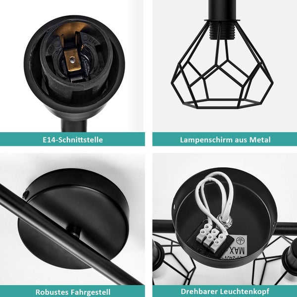 Detailansichten einer Lampe: E14 Schnittstelle, Lampenschirm aus Metall, robustes Fahrgestell, drehbarer Leuchtenkopf