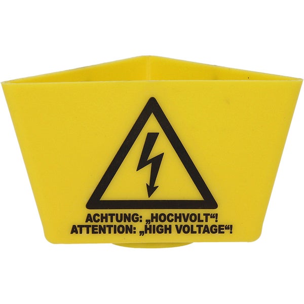 Gelbe Warnkappe für Hochspannung mit Warnsymbol für elektrische Spannung und dem Hinweistext Achtung Hochvolt in Deutsch und Englisch.