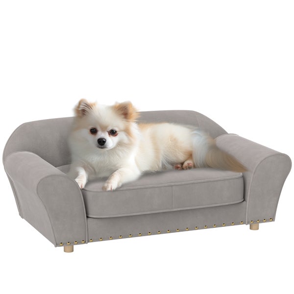 PawHut Hundesofa für kleine Hunde, Hundebett mit abnehmbarem und waschbarem Kissen, Haustiersofa mit Nietendekoration, 10 kg, Grau