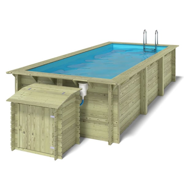 Rechteckiger Holzpool mit Leiter und Aufbewahrungsbox