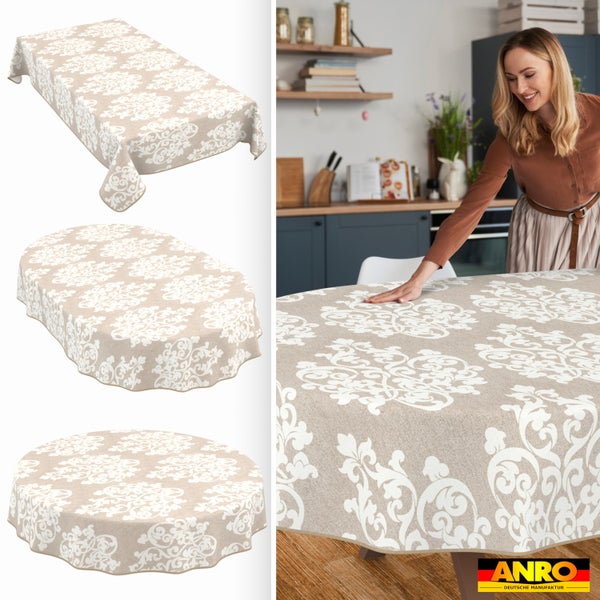 Abwaschbare Tischdecke mit Damast Muster in Beige und Weiß, erhältlich in rechteckiger, ovaler und runder Form für Küche und Esszimmer.