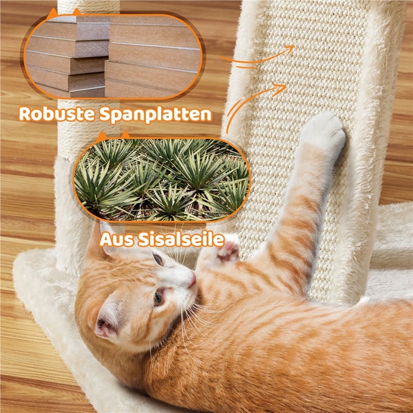 Katze auf einem Kratzbaum aus Spanplatten und Sisalseil