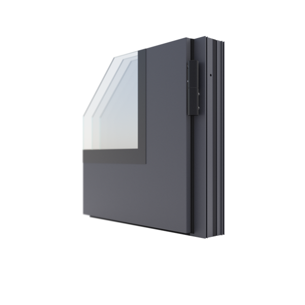 Querschnitt eines grauen Fensters mit Dreifachverglasung