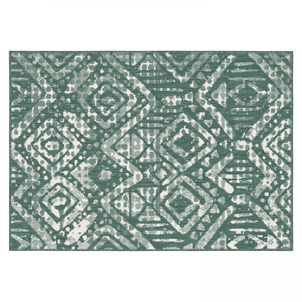 Rechteckiger Teppich mit geometrischem Ethno-Muster aus Rauten und Linien.