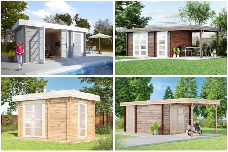 Alpholz Gartenhaus Modern-E Gartenhaus aus Holz, Holzhaus mit 28 mm Wandstärke, Blockbohlenhaus mit Montagematerial, Naturbelassen 4,7x3,2m