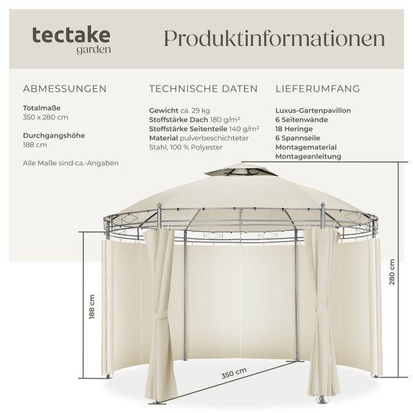 Gartenpavillon tectake Siana inklusive Spannseilen und Heringen Ø 3,5 m creme
