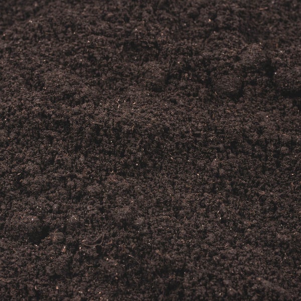 Nahaufnahme von dunkler, feinkörniger Blumenerde mit lockerer Struktur.