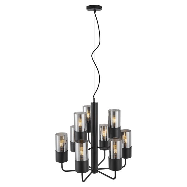 Schwarze Hängeleuchte mit neun Glaslampenschirmen für den Innenbereich