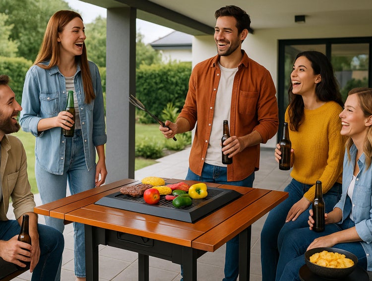 Gruppe von Freunden grillt gemeinsam im Freien am Gartentischgrill und genießt die Zeit