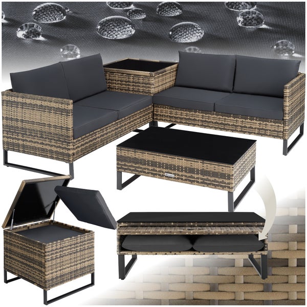 Rattan Lounge tectake Ostuni mit Sicherheitsglasplatte für 4 Personen natur