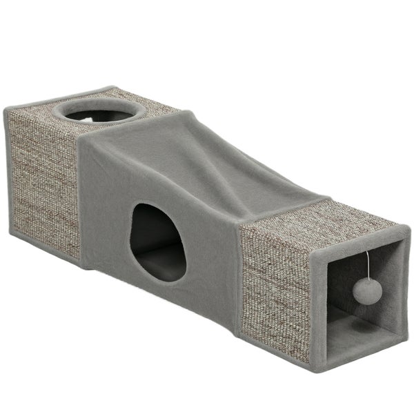 PawHut Katzentunnel, Katzenspielzeug mit Spielball, Katzenhöhle, Faltbarer Spieltunnel aus Sisal, Kombiniertes Design, Braun+Grau, 98 x 30 x 30 cm