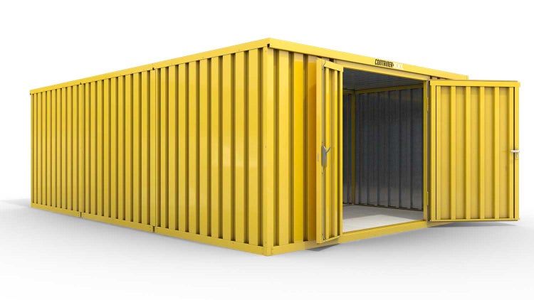 Lagercontainer Gerätehaus L3  – 25 qm, H2150 x B4050 x T6520 mm, Außenwandlackierung RAL 1003 signalgelb, Dach außen verzinkt, mit Holzfußboden, 1830 mm Doppelflügeltür mittig in Stirnseite, montiert