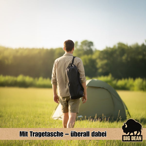 Mann mit Rucksack und Zelt im Grünen. Big Dean Logo