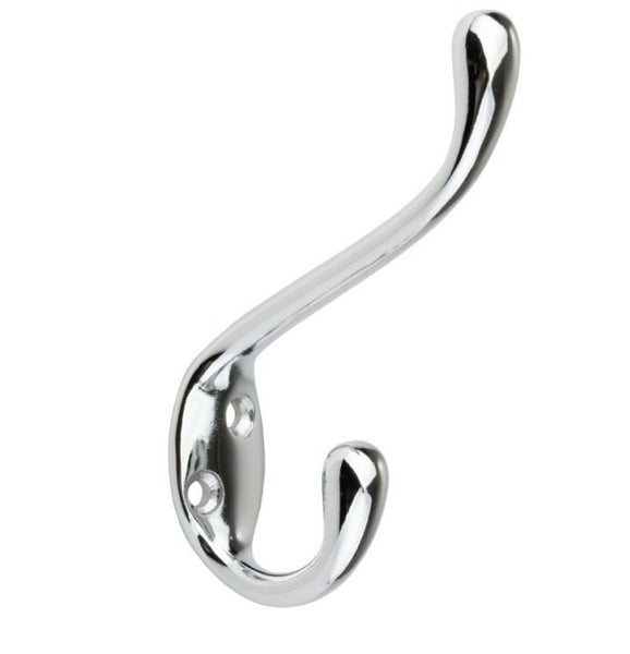 Ein silberner Garderobenhaken aus Metall mit zwei Haken zum Schrauben an die Wand.