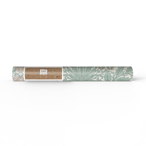 Eine Vliestapetenrolle mit florale Muster im William Morris Design und William Morris Logo